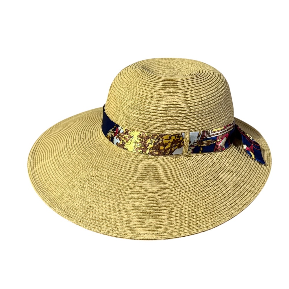 Sun N Sand Tan Straw Sun Hat Wide Brim Scarf Band Nautical Gold Blue Bow Floppy